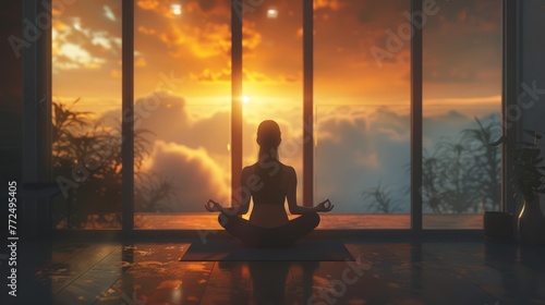 Yoga room, woman practice yoga in a quiet environment. Healthy Lifestyle, Fitness. Close to a window with a natural backdrop, sunset. Yoga relaxation. © nataliia_ptashka