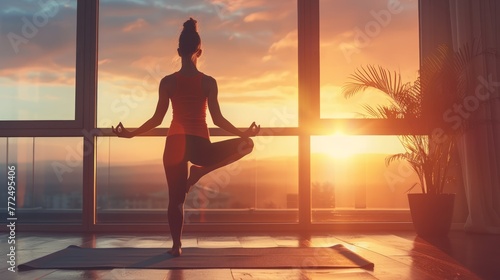 Yoga room, woman practice yoga in a quiet environment. Healthy Lifestyle, Fitness. Close to a window with a natural backdrop, sunset. Yoga relaxation. © nataliia_ptashka