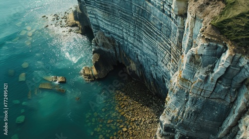 A breathtaking aerial view of the ocean and cliffs. Perfect for travel and nature concepts