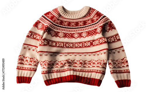 A vibrant red and white sweater with a unique pattern, creating a cozy and stylish winter look