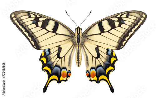 A vibrant yellow and black butterfly resting gracefully on a clean white canvas