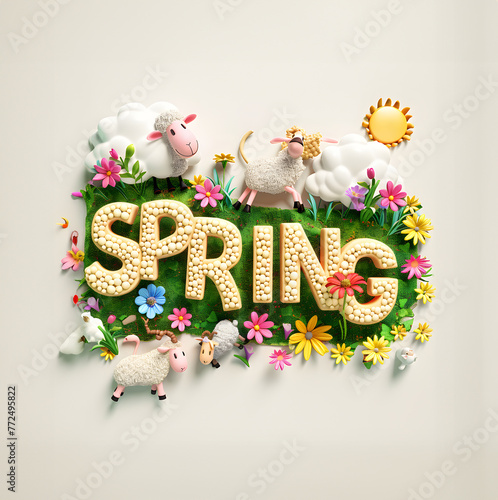 Spring word made with colorful pastel flowers, sheep, frogs, sunshine, cloud, green grass, nature concept. photo