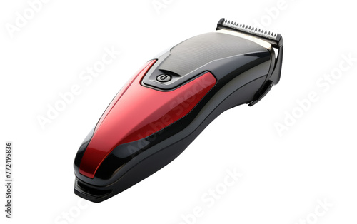 A sleek red and black hair clipper set against a pristine white backdrop photo