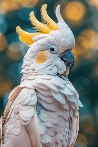 Close up of a white bird with vibrant yellow feathers. Suitable for various nature-themed designs © Fotograf