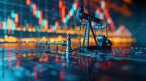 A very detailed image, including elements provided by NASA, displaying oil price charts, oil pump nozzles, and stock market charts. photo