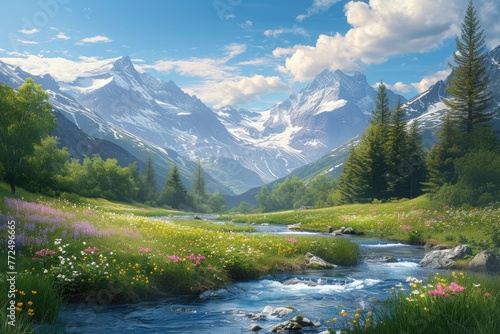 Vibrant wildflowers and a mountain stream with snowy peaks in the background. Resplendent. © Summit Art Creations