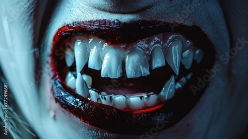 Person s teeth with blood. Suitable for dental horror themes