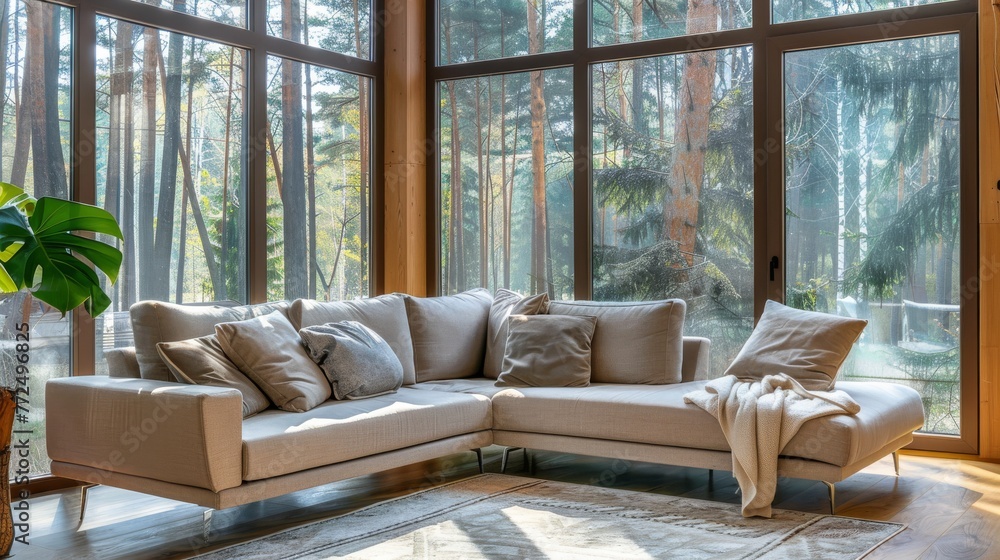 Obraz premium Beige corner sofa in a modern living room with large windows and forest view