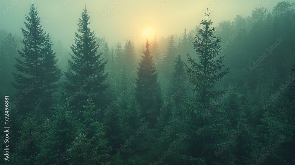 The green forest and sunset are surrounded by an empty space of vintage color.