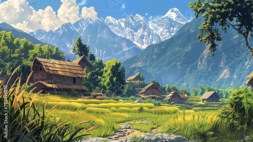 Wallpaper Mural A scenic painting of a village nestled in the mountains. Suitable for travel or nature themes Torontodigital.ca