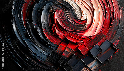 Abstract expressionist pictorial style background, with thick layers of paint applied with a palette knife or brush, strongly contrasting colours, with deep blacks, bright reds, and soft whites mixes. photo