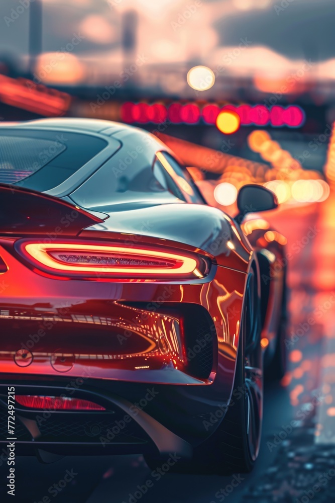 Red sports car close up on city street, perfect for automotive concepts