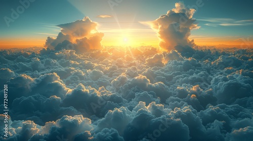 Abstract sunny sky background, view of white fluffy clouds in the heaven, freedom concept. Soft focus. Vintage color.