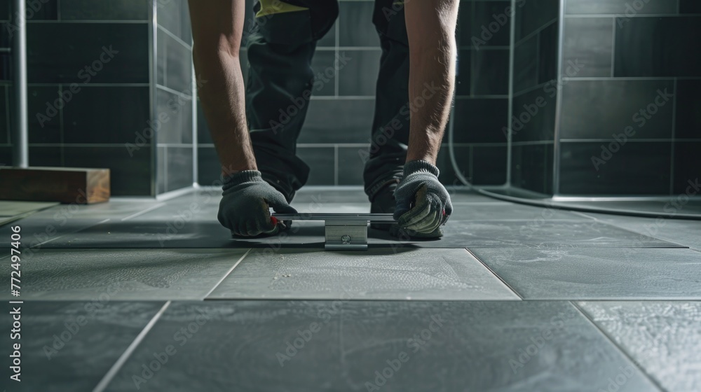 Person standing on skateboard in a bathroom. Ideal for lifestyle or recreational concept Person standing on skateboard in a bathroom. Ideal for lifestyle or recreational concept