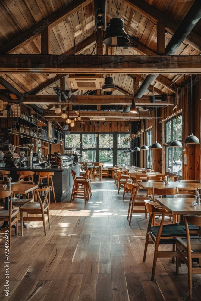 Interior of a restaurant with wooden furniture. Ideal for restaurant advertisements
