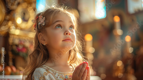 A girl prays in a church. Background for holiday Christian publications.