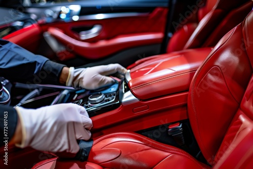 Professional hand applying protective cream on luxury car leather interior © Анна Д