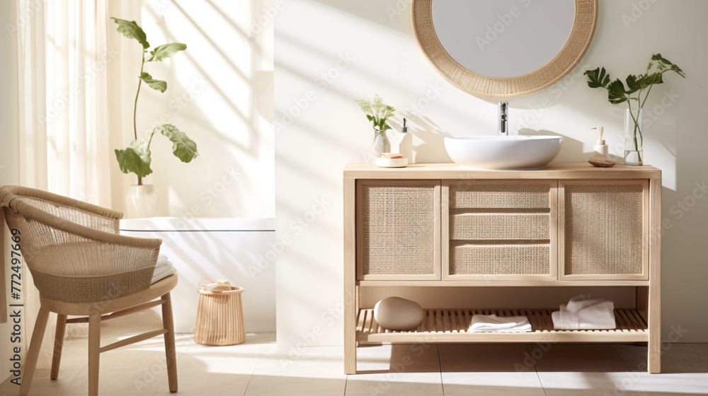 A stylish rattan wooden dressing table in sunlight, with the drawer ajar. Various beauty products , Generate AI - obrazy, fototapety, plakaty 