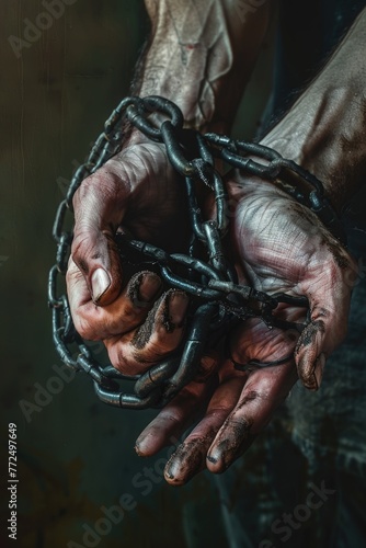 A person holding a bunch of chains. Suitable for industrial and construction themes © Fotograf