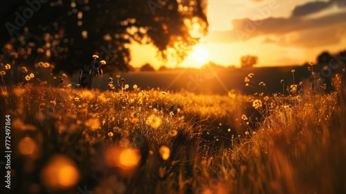 Beautiful sunset over a peaceful grass field, perfect for nature backgrounds or relaxation concepts
