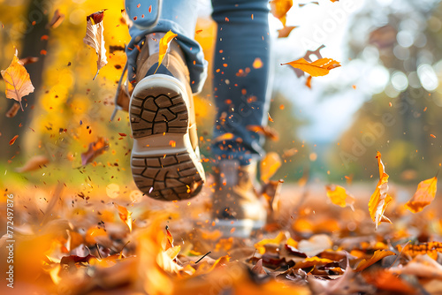 a person's feet kicking up autumn leaves in a park