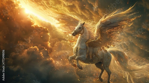 A majestic white horse with wings flying in the sky. Ideal for fantasy and mythical themed designs