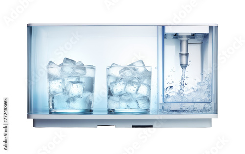 Two glasses of ice sit in front of a water dispenser