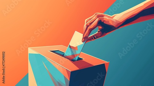 Democracy, voter and elections concept illustration, in tones of teal and orange. Closeup of a hand casting a vote into the ballot box.