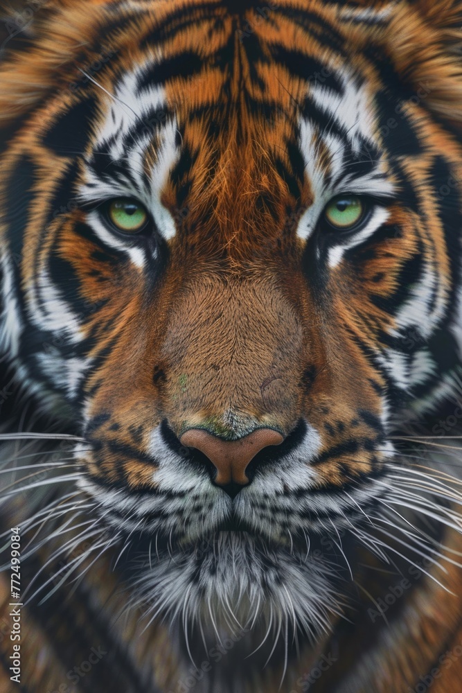A close up of a tiger's face with striking green eyes. Perfect for wildlife and animal themes A close up of a tiger's face with striking green eyes. Perfect for wildlife and animal themes