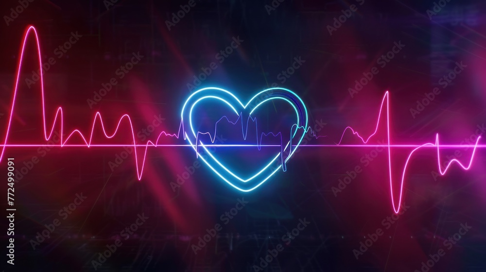 Heart rate. Neon heart with rhythm.