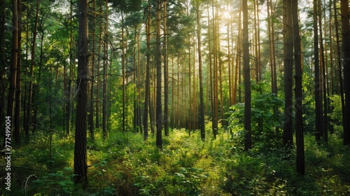 Sunlight filtering through dense forest, ideal for nature-themed designs
