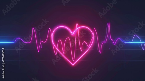 Heart rate. Neon heart with rhythm.