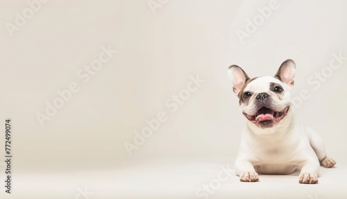 Portrait of a sitting french bulldog on a white background, copy space.