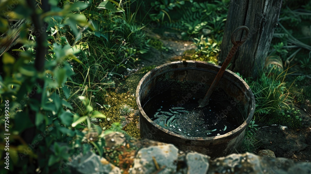 A bucket filled with water next to a tree. Suitable for nature and outdoor concepts A bucket filled with water next to a tree. Suitable for nature and outdoor concepts