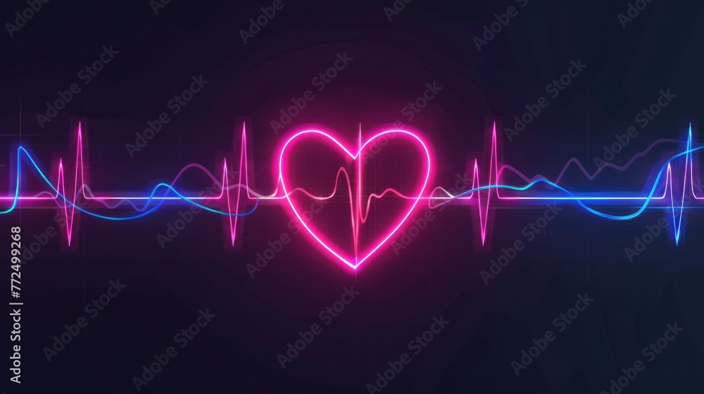 Fototapeta premium Heart rate. Neon heart with rhythm.