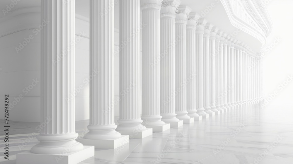 A row of white columns in a white room. Perfect for architectural projects