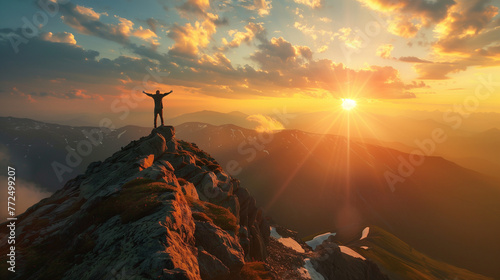 A man stands on a mountaintop at sunrise, arms outstretched, embracing the new day, a symbol of peace and hope set against a breathtaking landscape