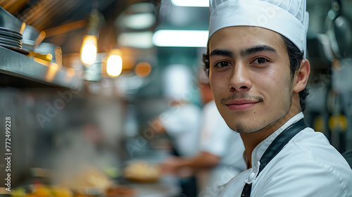 A chef is smiling and wearing a white hat. He is Portrait of a young mexican chef or confectioner. In the background we see a professional kitchen. the atmosphere of the restaurant, professionalism