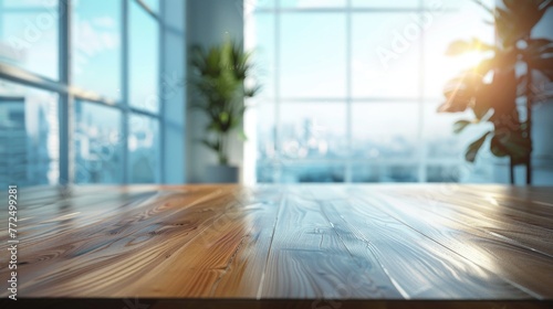 A wooden table placed in front of a large window. Ideal for home decor concepts