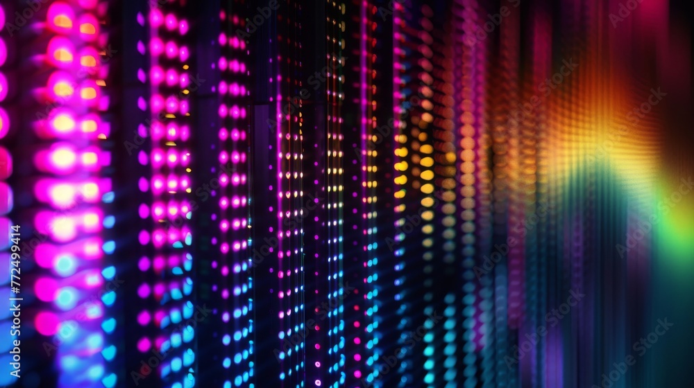 Abstract LED light pattern in vibrant colors. Colorful rows of LED lights with a bokeh effect.