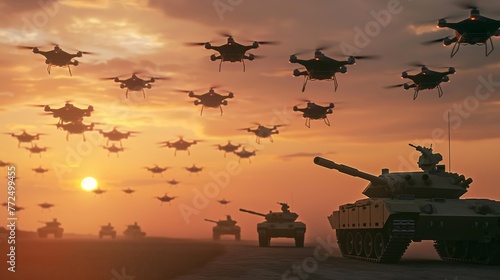 Military drones and modern warfare concept. Silhouettes of drones and tanks going into battle illustration  photo