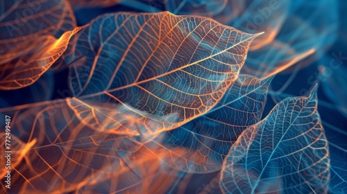 Detailed close-up of leaves with a glowing, fiery outline, contrasting against a dark, moody blue background. photo