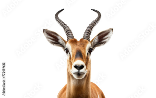 A stunning antelope with long, majestic horns standing elegantly against a plain white background