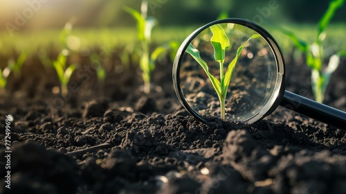 Corn seedling and soil under the magnifying glass