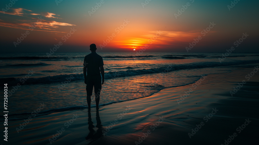 The silhouette of a man on the beach watching the sunset, the calm sea and the fading light, a moment of peace and contemplation