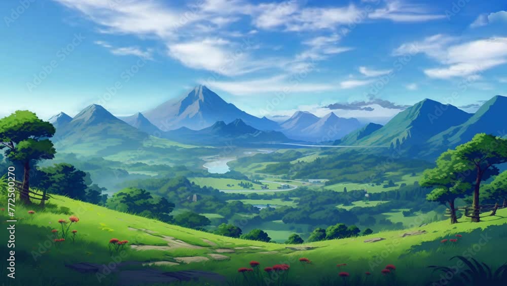 Beautiful views of mountains and blue skies, anime style; is perfect for background projects; 4k virtual video animation. Beautiful views of mountains and blue skies, anime style; is perfect for background projects; 4k virtual video animation.