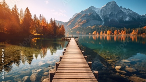 Beautiful autumn scene of Hintersee lake. Colorful morning view of Bavarian Alps on the Austrian border photo