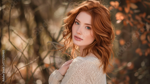 Portrait about a red hair woman at the forest