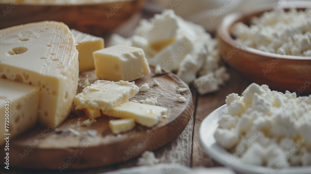close-up shot of a variety of dairy products creamy textures of milk, butter, and cheese and cottage cheese