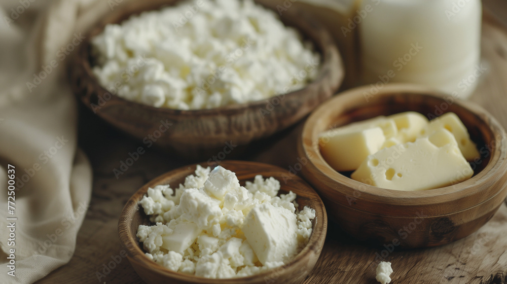 close-up shot of a variety of dairy products creamy textures of milk, butter, and cheese and cottage cheese close-up shot of a variety of dairy products creamy textures of milk, butter, and cheese and cottage cheese